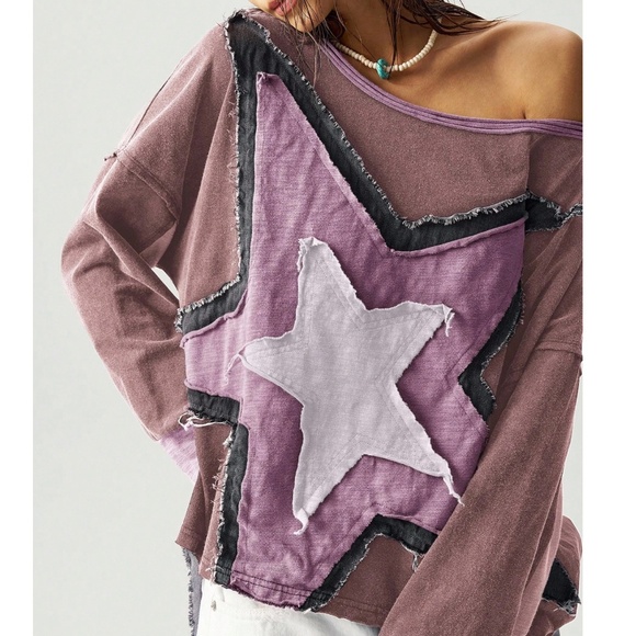 Star patch Frayed Loose Fit Long Sleeve Top - Picture 1 of 7